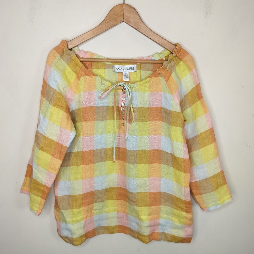 Sara Campbell Linen Shirt Plaid Check Multicolor Button Neckline
